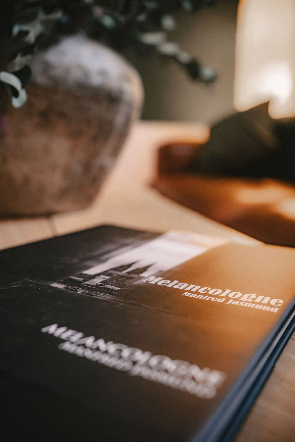 Ein offenes Buch liegt auf einem Tisch, im Hintergrund ein dekorativer Blumentopf.