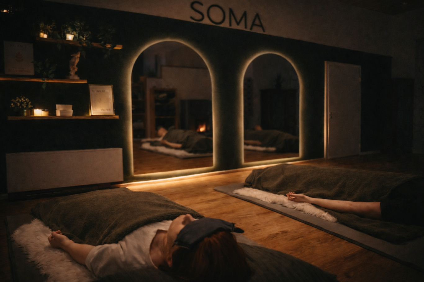 Ruhiger Innenraum mit Matten, dimmlichem Licht und reflektierenden Bögen.